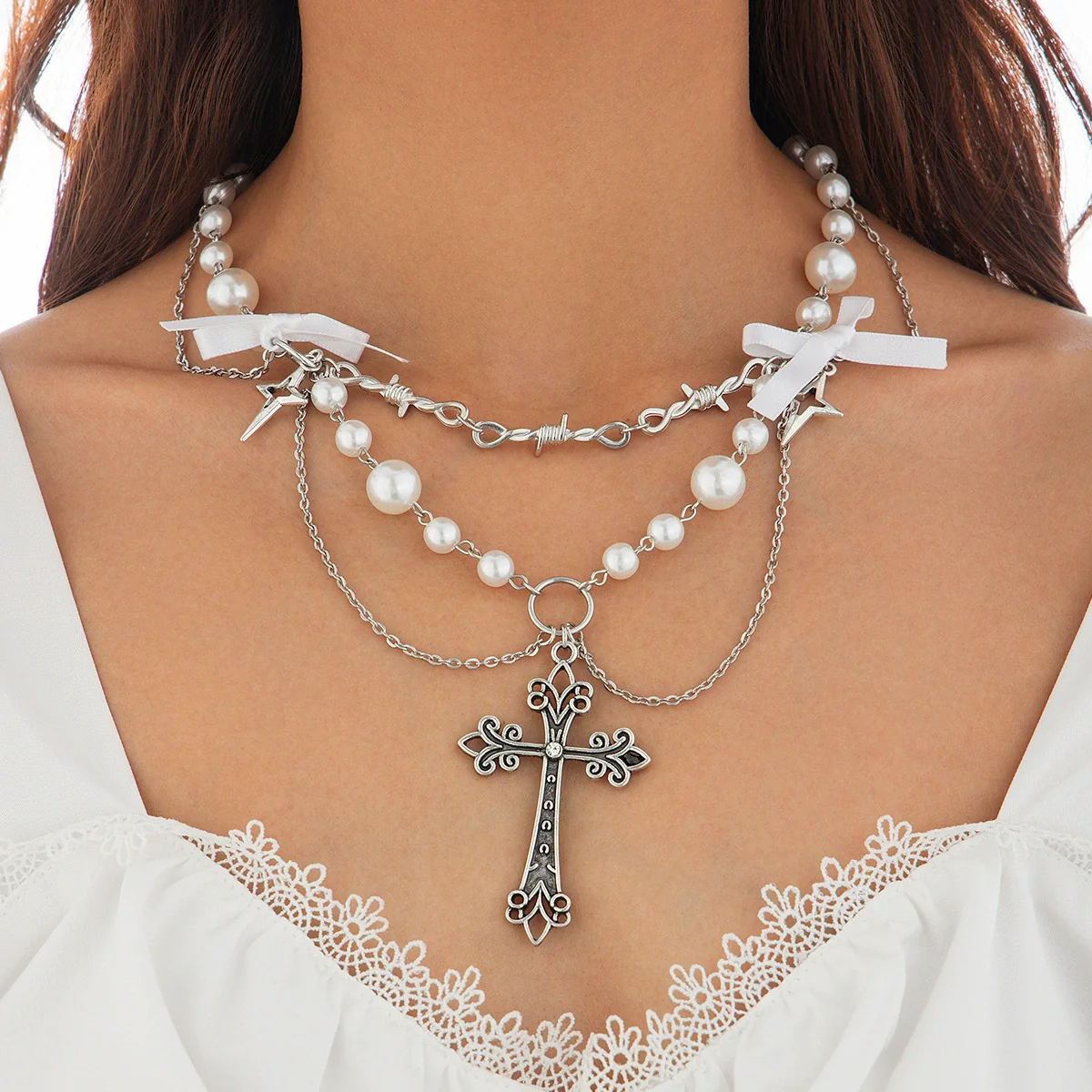 Jewelry Punk Metal Cross Imitation Pearl Tassel Bow Necklace Alloy Iron Chain Electroplating For Women - Image 8