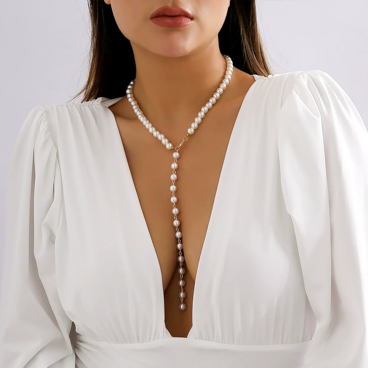 Jewelry Retro Round Beaded Chain Imitation Pearl Tassel Metal Ball Chain Necklace - Image 3