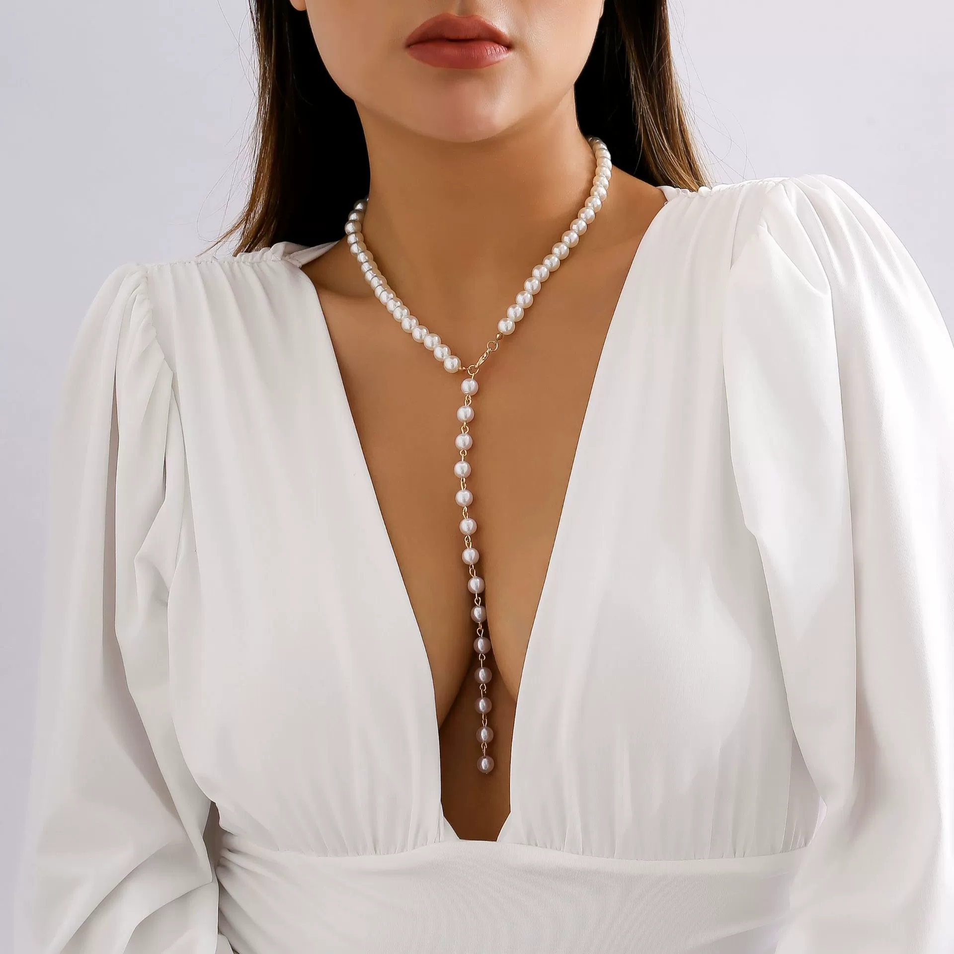 Jewelry Retro Round Beaded Chain Imitation Pearl Tassel Metal Ball Chain Necklace - Image 6