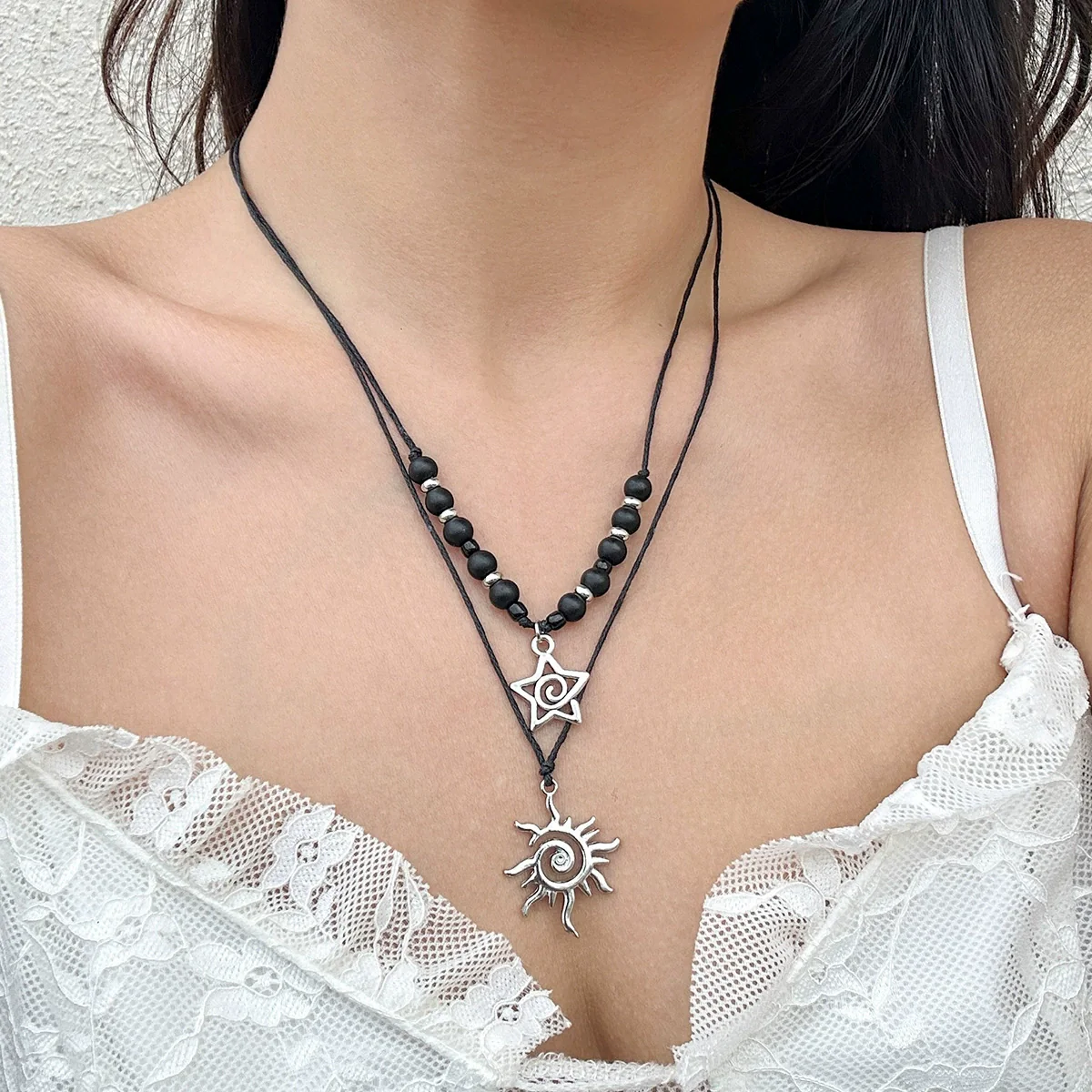 Jewelry Retro Star Pendant Necklace Metal Alloy Wax Line Electroplated