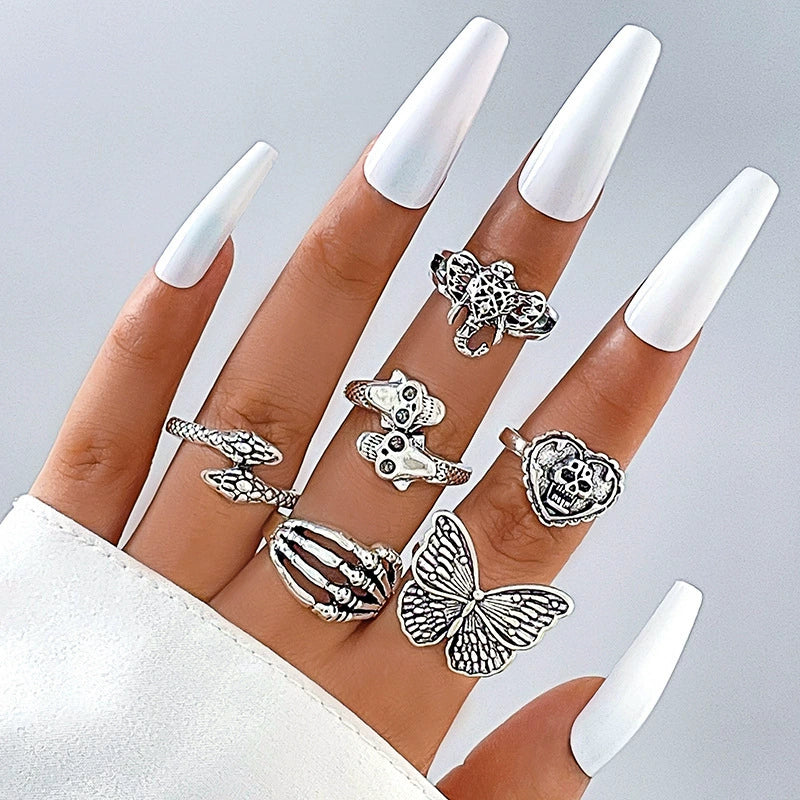 Jewelry Ring Mushroom Love Moon Leaves Ancient Silver Metal Geometric Electroplated Unisex 7Piece Set - Image 10