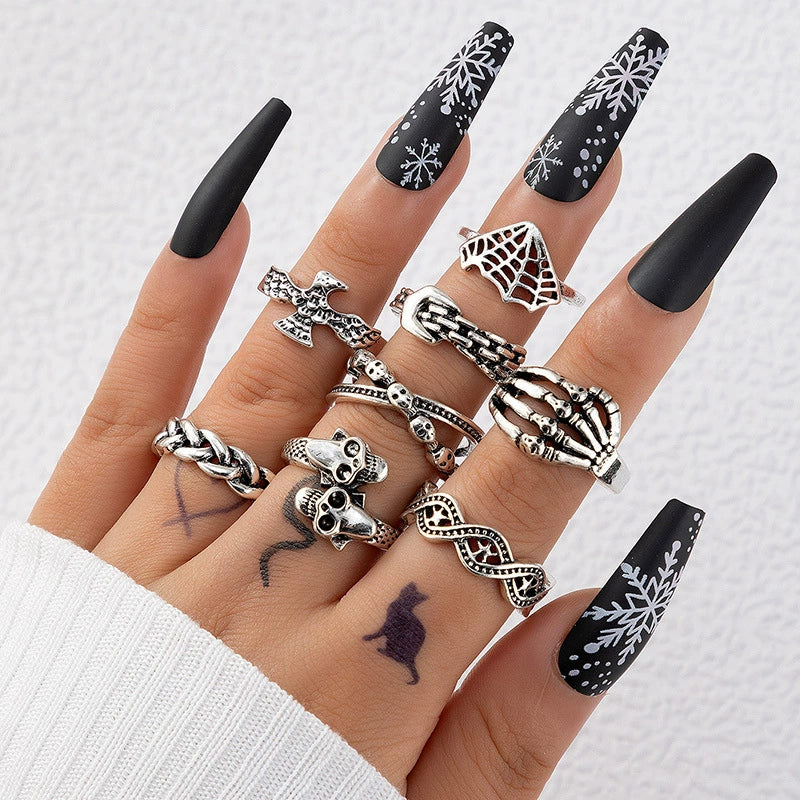 Jewelry Ring Mushroom Love Moon Leaves Ancient Silver Metal Geometric Electroplated Unisex 7Piece Set - Image 13