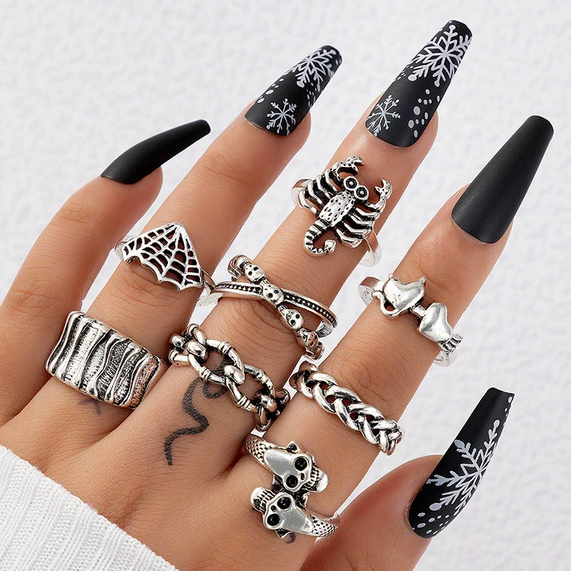 Jewelry Ring Mushroom Love Moon Leaves Ancient Silver Metal Geometric Electroplated Unisex 7Piece Set - Image 14