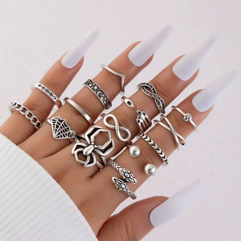 Jewelry Ring Mushroom Love Moon Leaves Ancient Silver Metal Geometric Electroplated Unisex 7Piece Set - Image 15