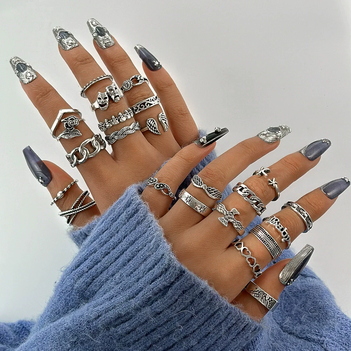Jewelry Ring Mushroom Love Moon Leaves Ancient Silver Metal Geometric Electroplated Unisex 7Piece Set - Image 16