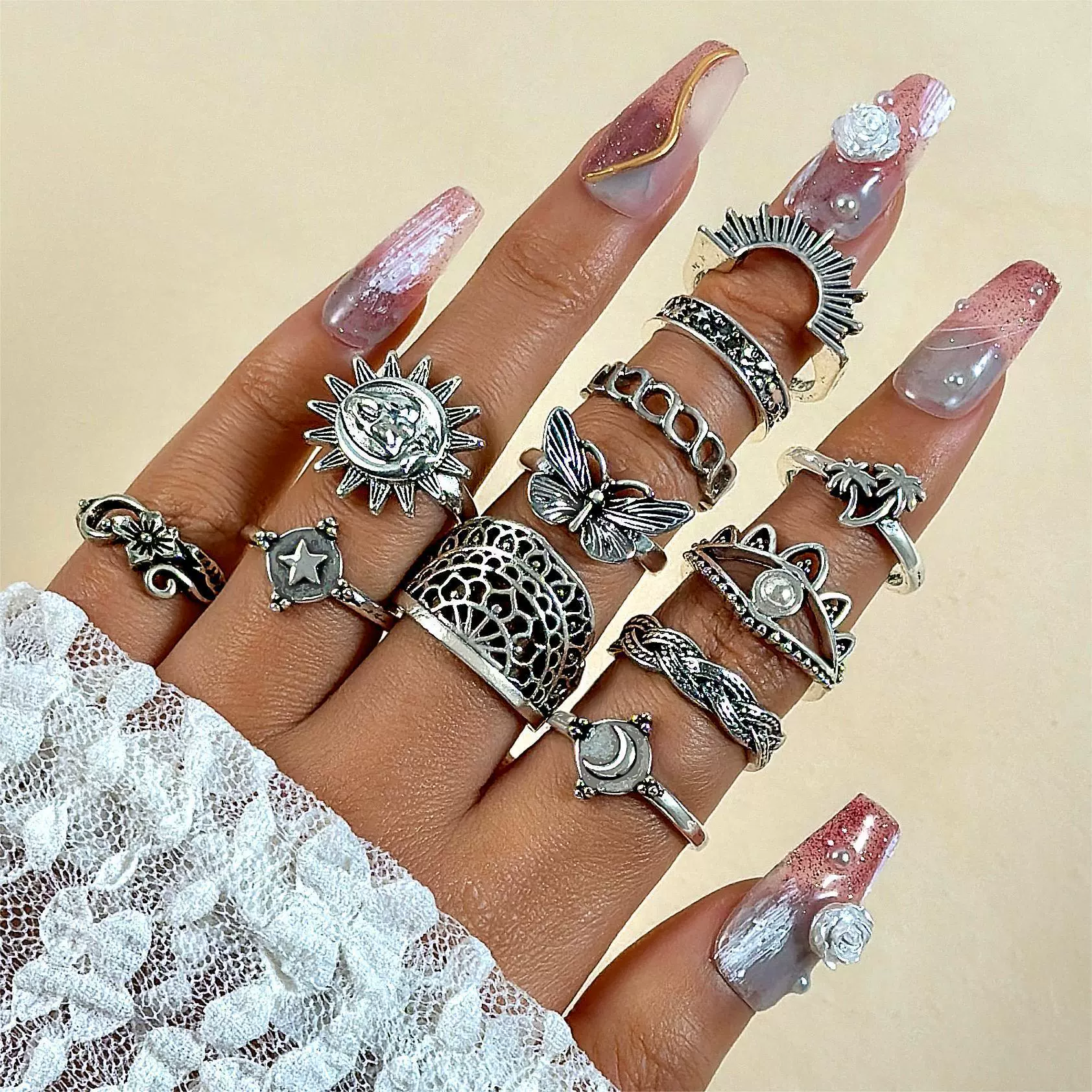 Jewelry Ring Mushroom Love Moon Leaves Ancient Silver Metal Geometric Electroplated Unisex 7Piece Set - Image 17