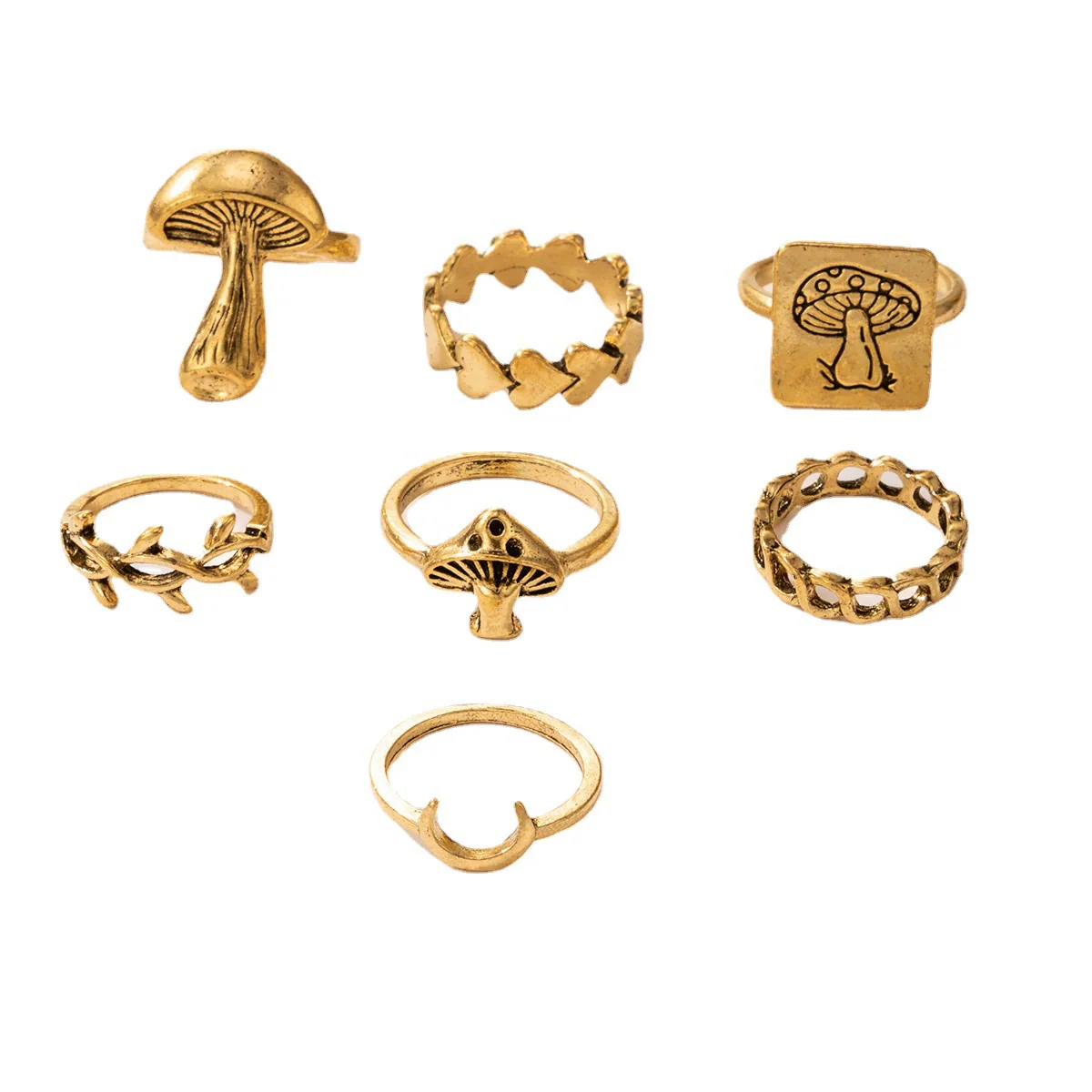 Jewelry Ring Mushroom Love Moon Leaves Ancient Silver Metal Geometric Electroplated Unisex 7Piece Set - Image 5