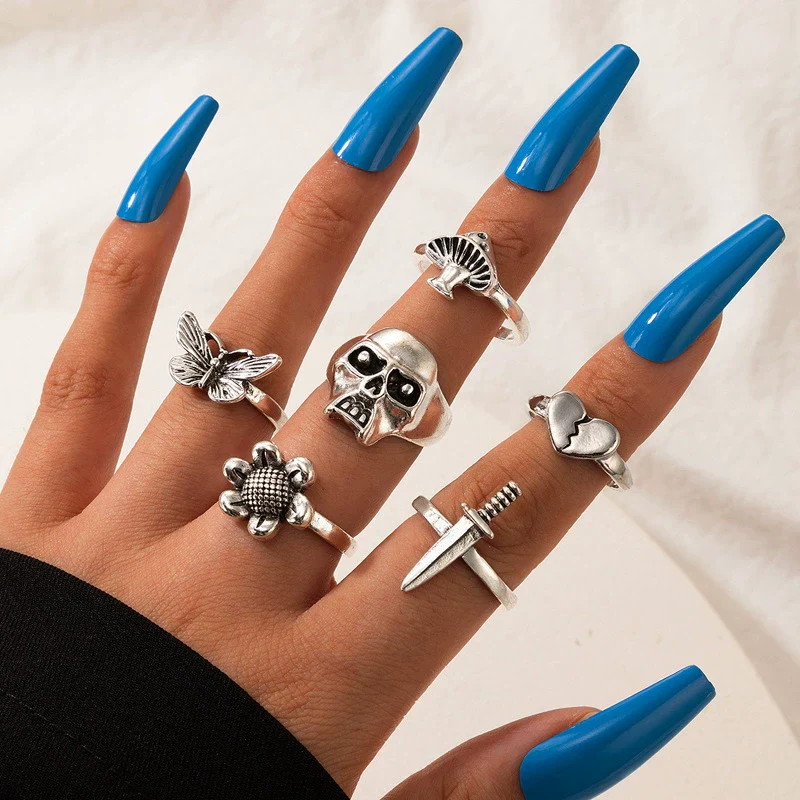 Jewelry Ring Mushroom Love Moon Leaves Ancient Silver Metal Geometric Electroplated Unisex 7Piece Set - Image 8