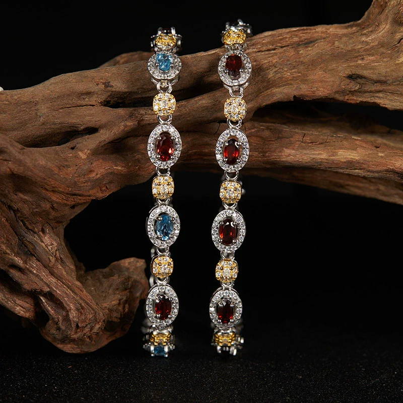Jewelry S925 Sterling Silver Set With Natural Color Treasure Topaz Garnet Geometric Style For Women