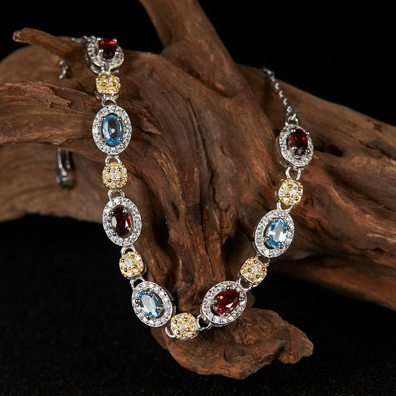 Jewelry S925 Sterling Silver Set With Natural Color Treasure Topaz Garnet Geometric Style For Women - Image 4