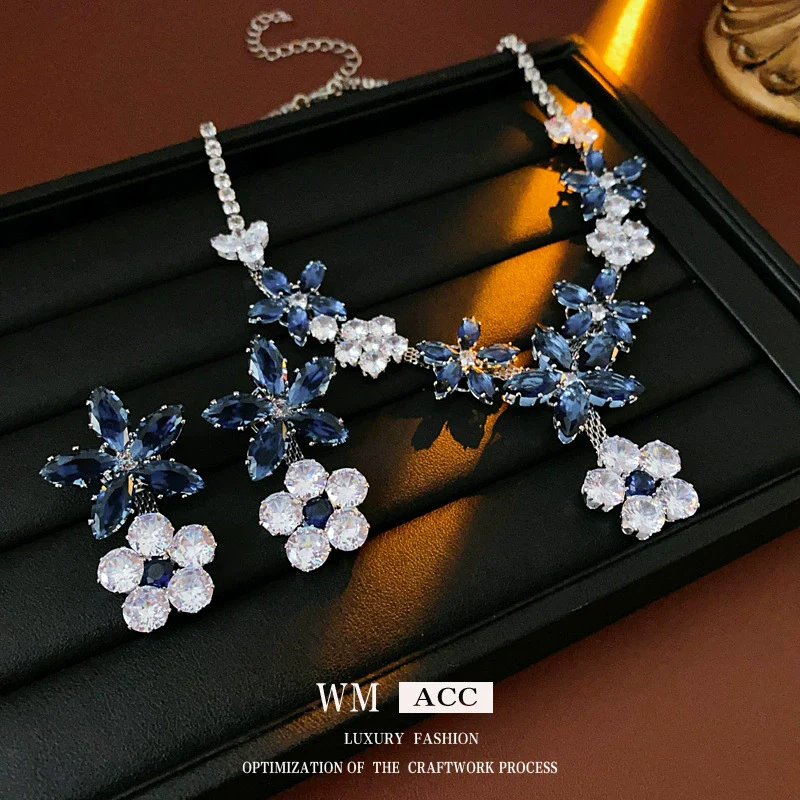 Jewelry Set Alloy Copper Pendant Earrings And Clavicle Chain With Zircon Heart Water Drop Bell Flower Design Highend Style