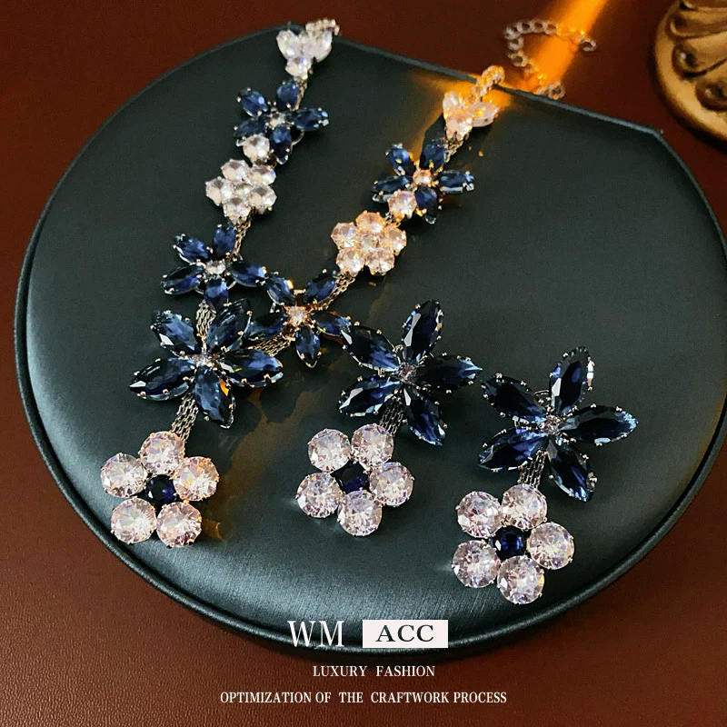 Jewelry Set Alloy Copper Pendant Earrings And Clavicle Chain With Zircon Heart Water Drop Bell Flower Design Highend Style - Image 3
