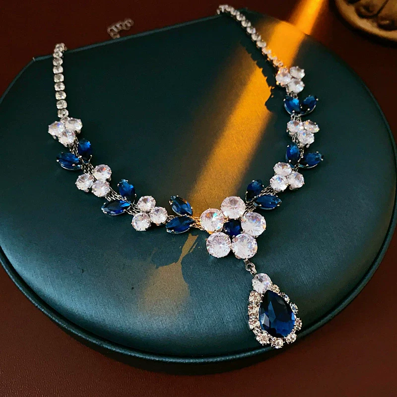 Jewelry Set Alloy Copper Pendant Earrings And Clavicle Chain With Zircon Heart Water Drop Bell Flower Design Highend Style - Image 6