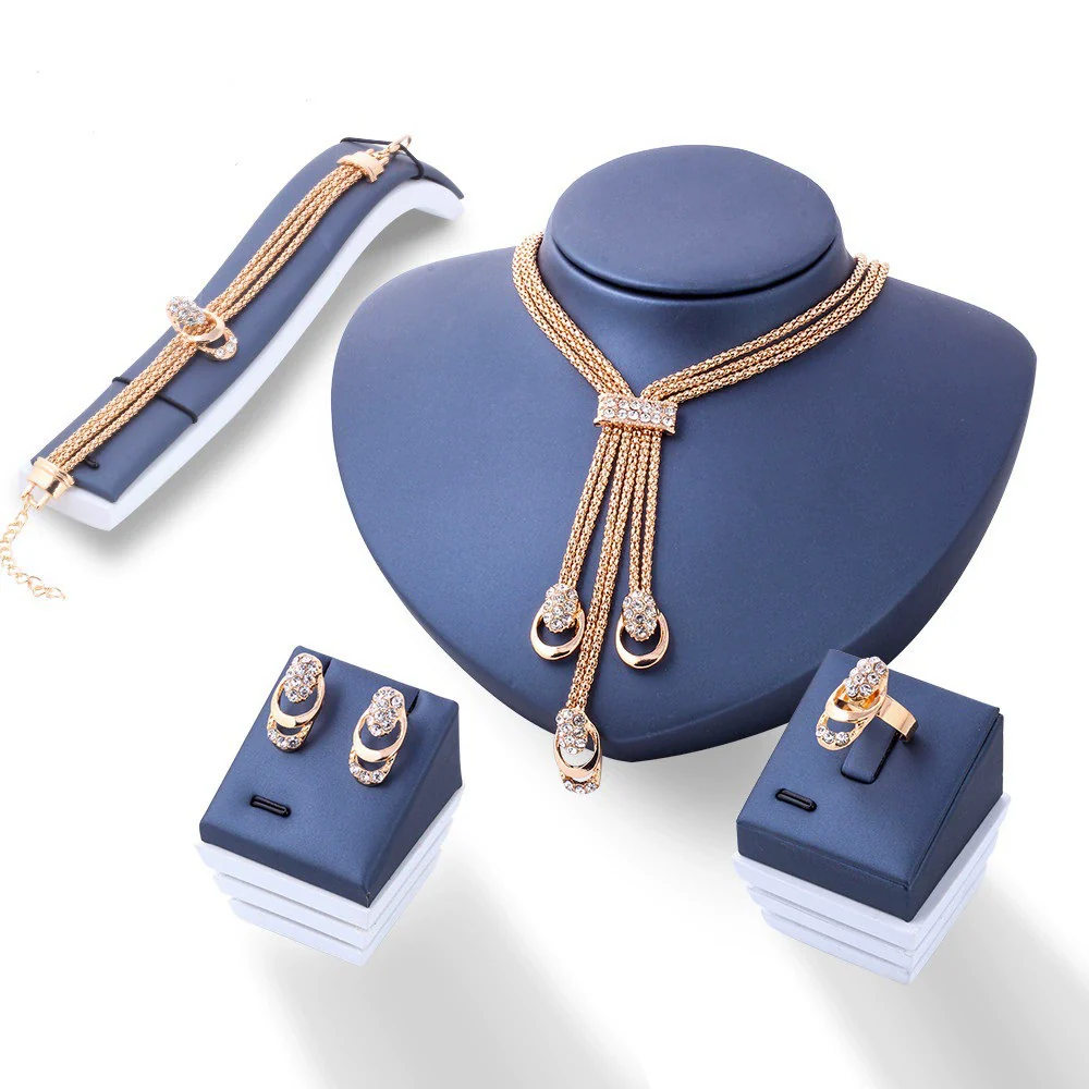 Jewelry Set Alloy Gold Plated Geometric Crystal Four Pieces Suit