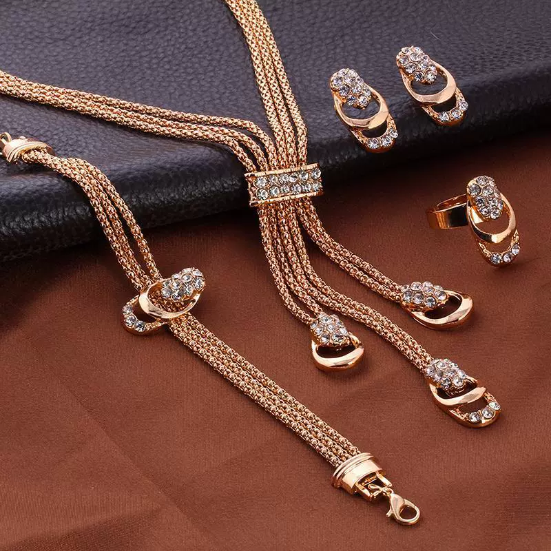 Jewelry Set Alloy Gold Plated Geometric Crystal Four Pieces Suit - Image 2