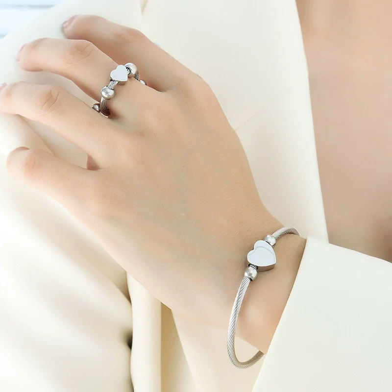 Jewelry Set Goldplated Titanium Steel Love Shape Adjustable Coil Bracelet And Ring