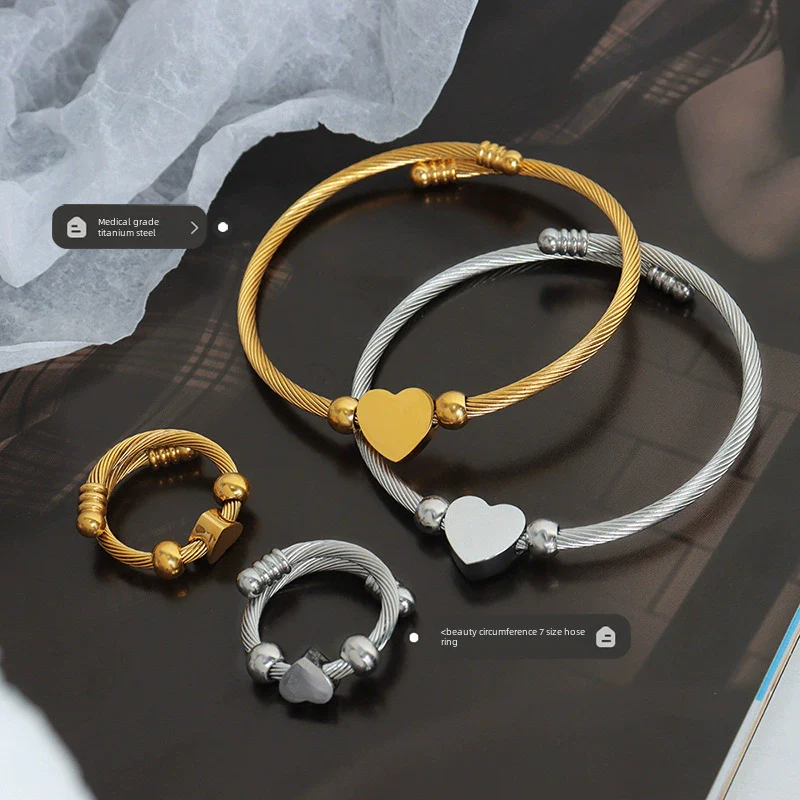 Jewelry Set Goldplated Titanium Steel Love Shape Adjustable Coil Bracelet And Ring - Image 2