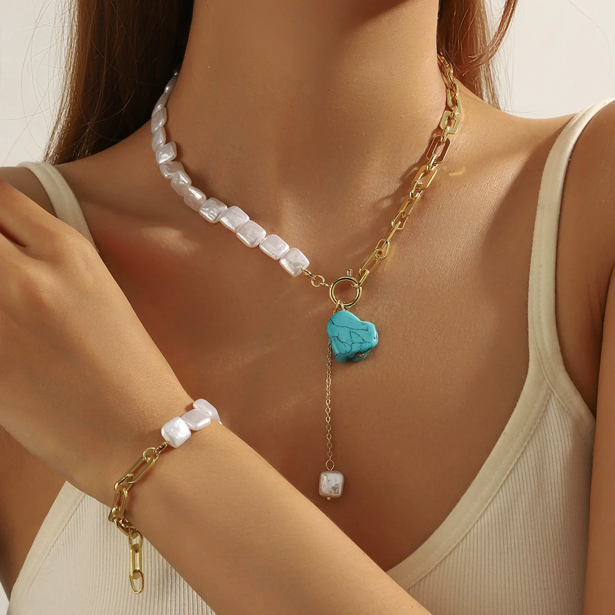 Jewelry Set Hiphop Style Ot Buckle Imitation Pearls Turquoise Heart Water Drop Bell Electroplating