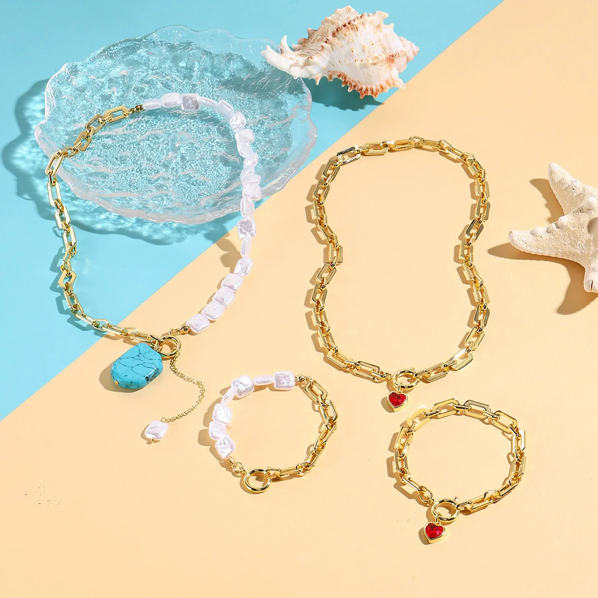 Jewelry Set Hiphop Style Ot Buckle Imitation Pearls Turquoise Heart Water Drop Bell Electroplating - Image 2