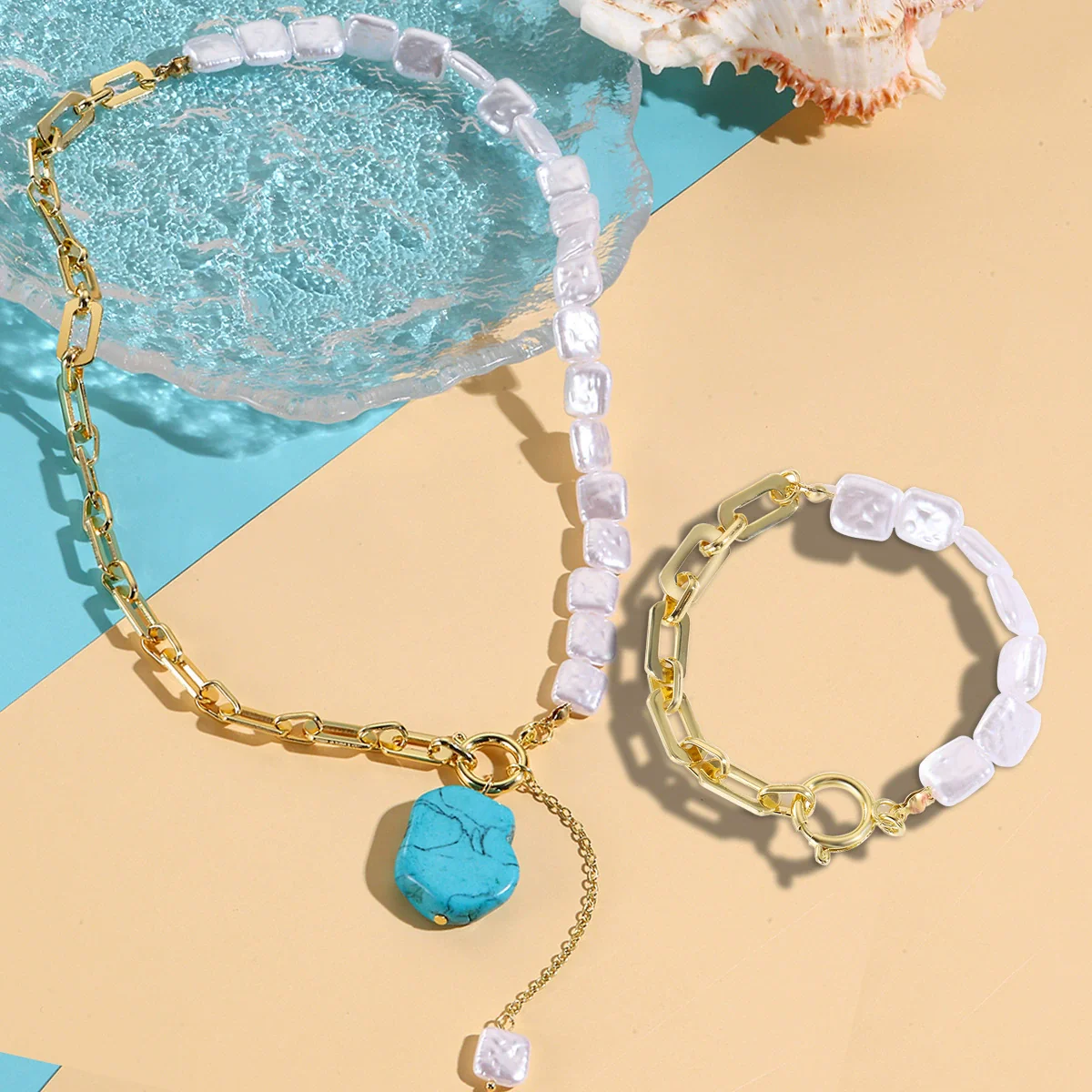 Jewelry Set Hiphop Style Ot Buckle Imitation Pearls Turquoise Heart Water Drop Bell Electroplating - Image 8