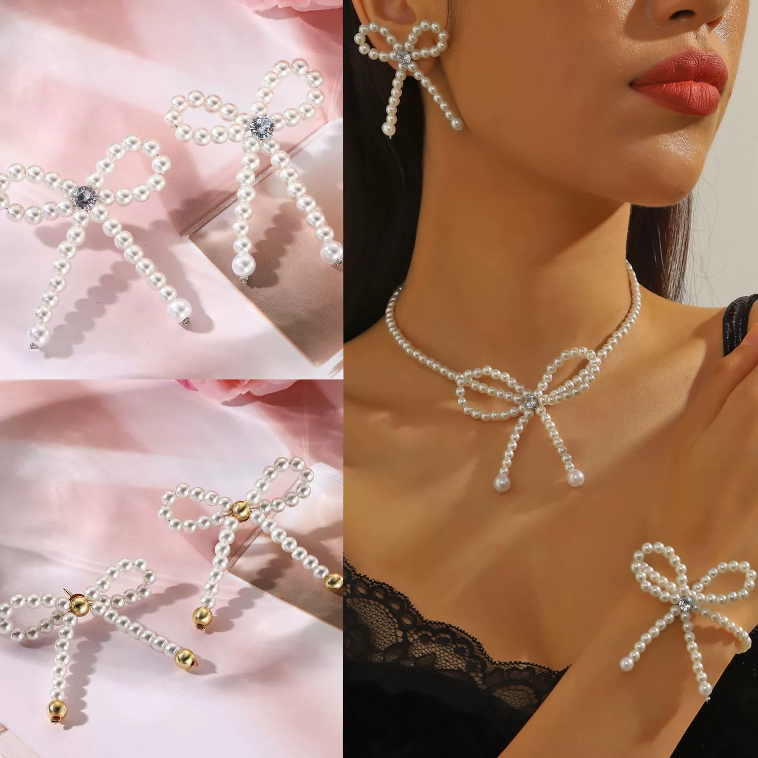 Jewelry Set With Imitation Pearl Beaded Bow Electroplated