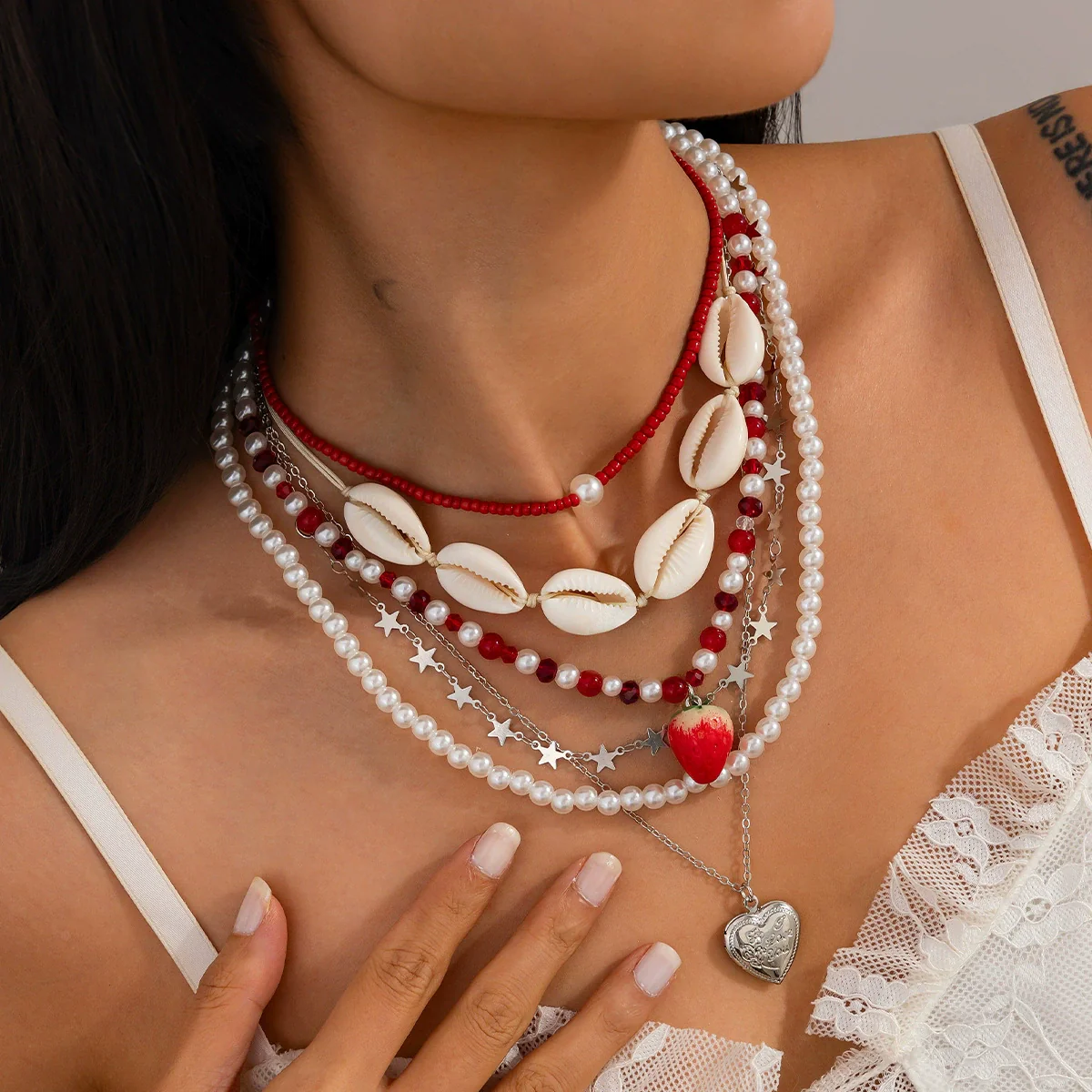 Jewelry Shell Heart Shaped Imitation Pearl Rice Beaded Ball Chain Necklace For Women Stacking Natural Style - Image 2