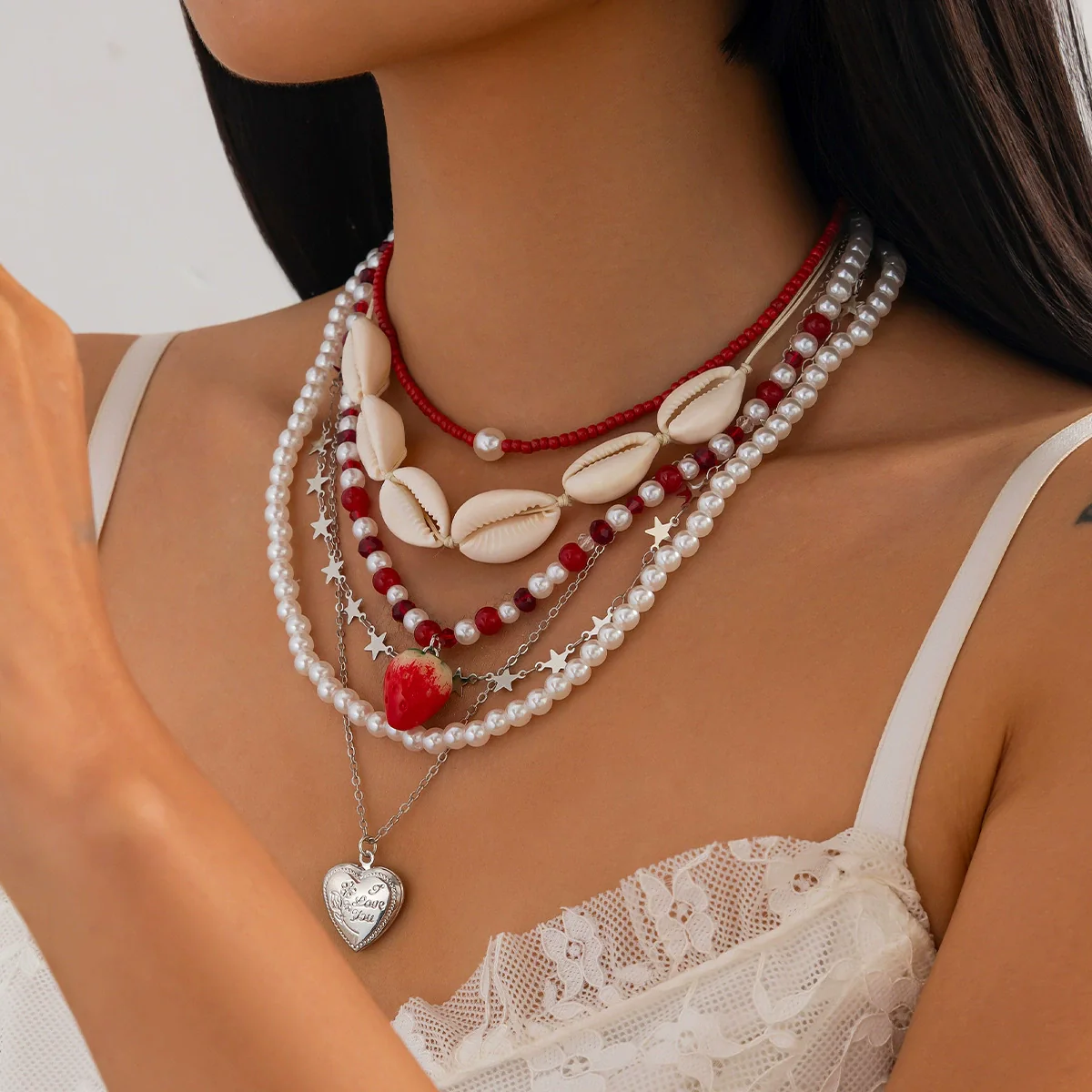 Jewelry Shell Heart Shaped Imitation Pearl Rice Beaded Ball Chain Necklace For Women Stacking Natural Style - Image 3