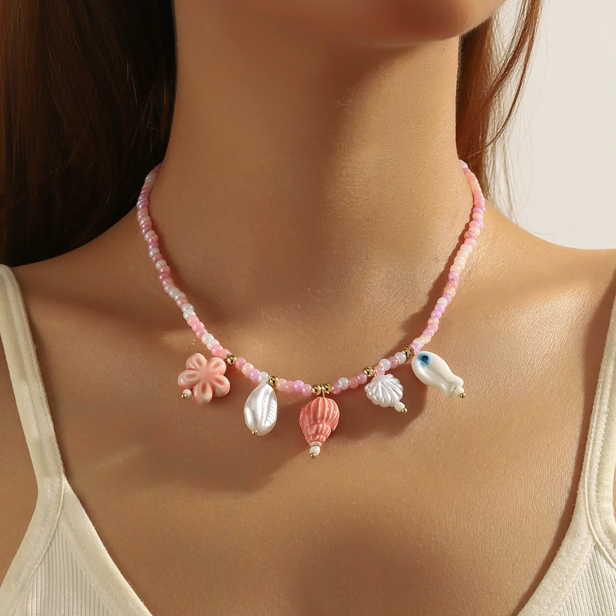 Jewelry Shell Starfish Ceramic Small Fish Pendant Hand Knitted Minimalist Women's Clavicle Chain Necklace - Image 2