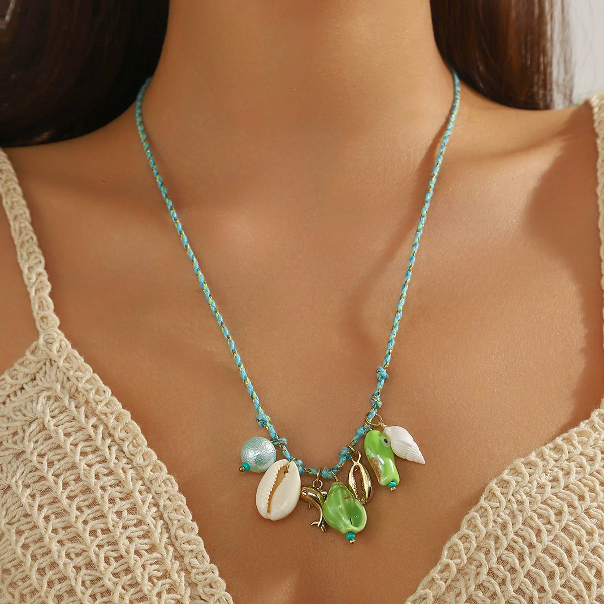 Jewelry Shell Starfish Ceramic Small Fish Pendant Hand Knitted Minimalist Women's Clavicle Chain Necklace - Image 3