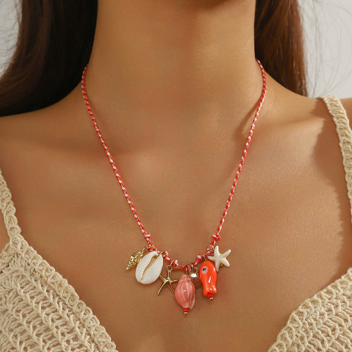 Jewelry Shell Starfish Ceramic Small Fish Pendant Hand Knitted Minimalist Women's Clavicle Chain Necklace - Image 4