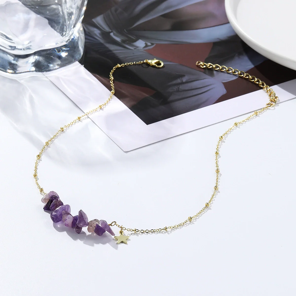Jewelry Simple Exquisite Women's Allmatch Natural Stone Pendant Necklace With Geometric Style And Ball Chain Electroplated - Image 3