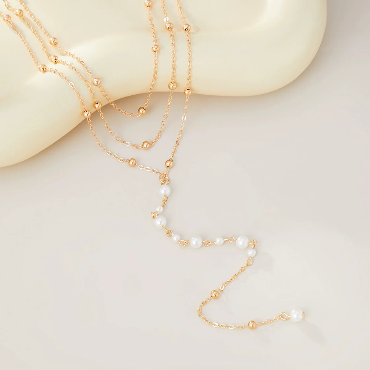 Jewelry Simple Geometric Imitation Pearl And Copperclad Iron Beaded Clavicle Chain Yshaped Necklace With Electroplating - Image 4