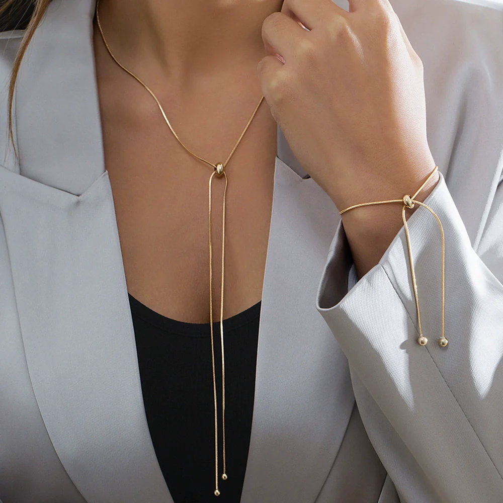 Jewelry Simple Long Tassel Necklace Metal Square Snake Bone Chain Copper Ochain Geometric Electroplated - Image 2