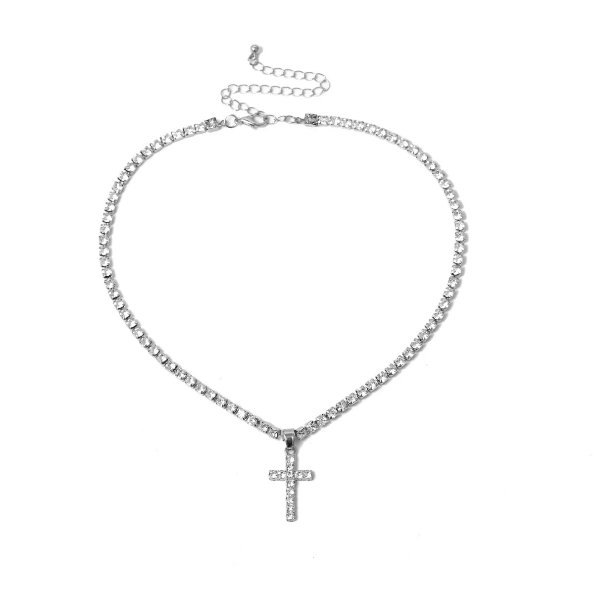 Jewelry Simple Style Alloy Snake Bone Chain Imitation Pearl Cross Pendant Necklace With Diamond Geometric Design For Women - Image 4