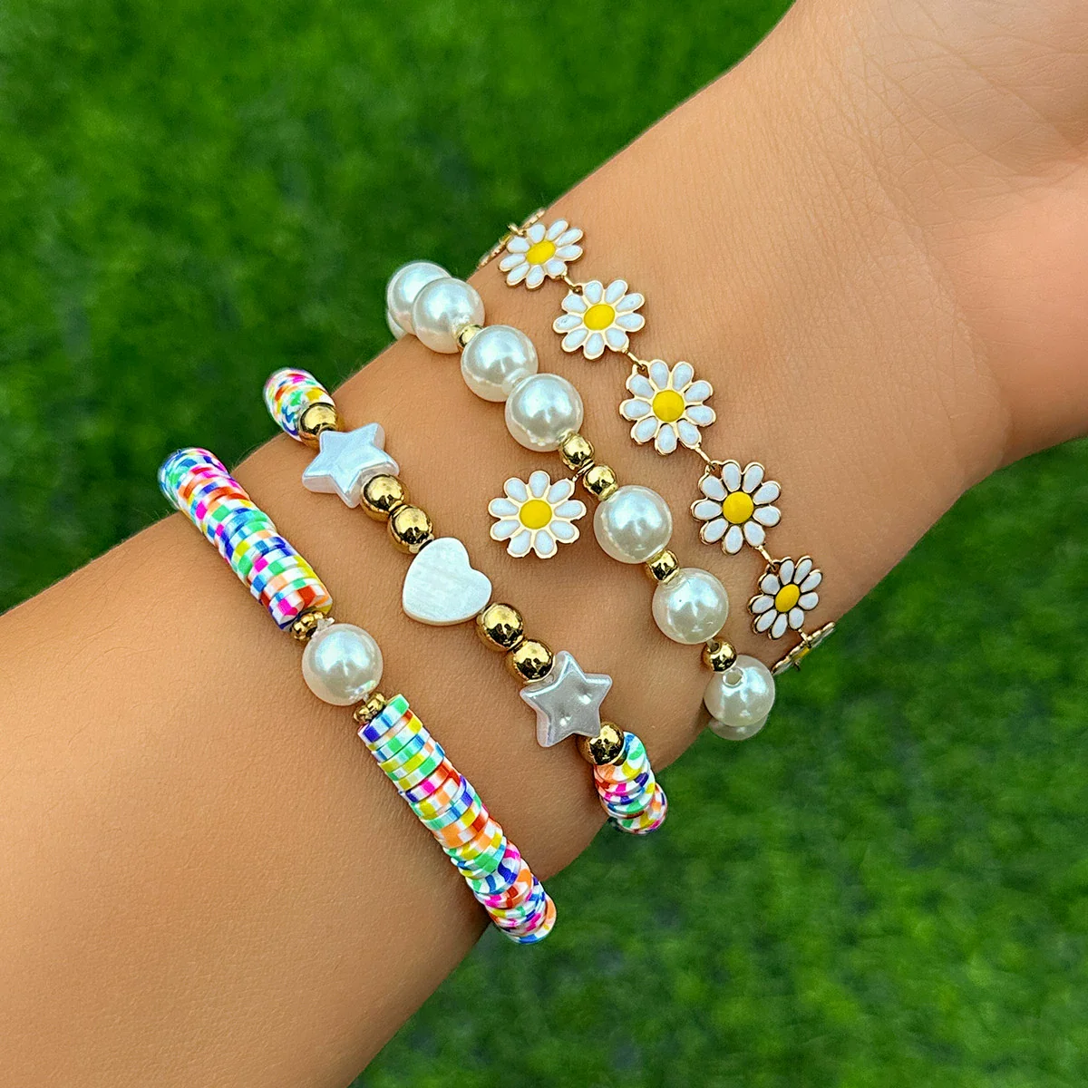Jewelry Soft Pottery Imitation Pearl Ccb Alloy Rhinestone Dripping Oil Geometric Hip Hop Style Round Bead Chain Bracelet With Pig Nose Buckle Electroplated - Image 3