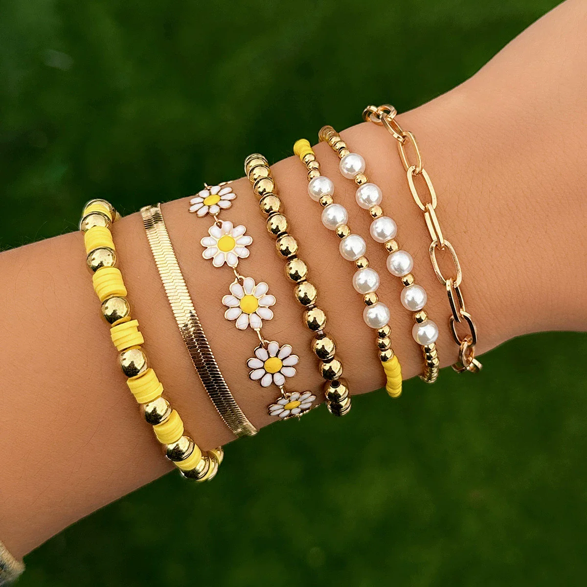 Jewelry Soft Pottery Imitation Pearl Ccb Alloy Rhinestone Dripping Oil Geometric Hip Hop Style Round Bead Chain Bracelet With Pig Nose Buckle Electroplated - Image 4