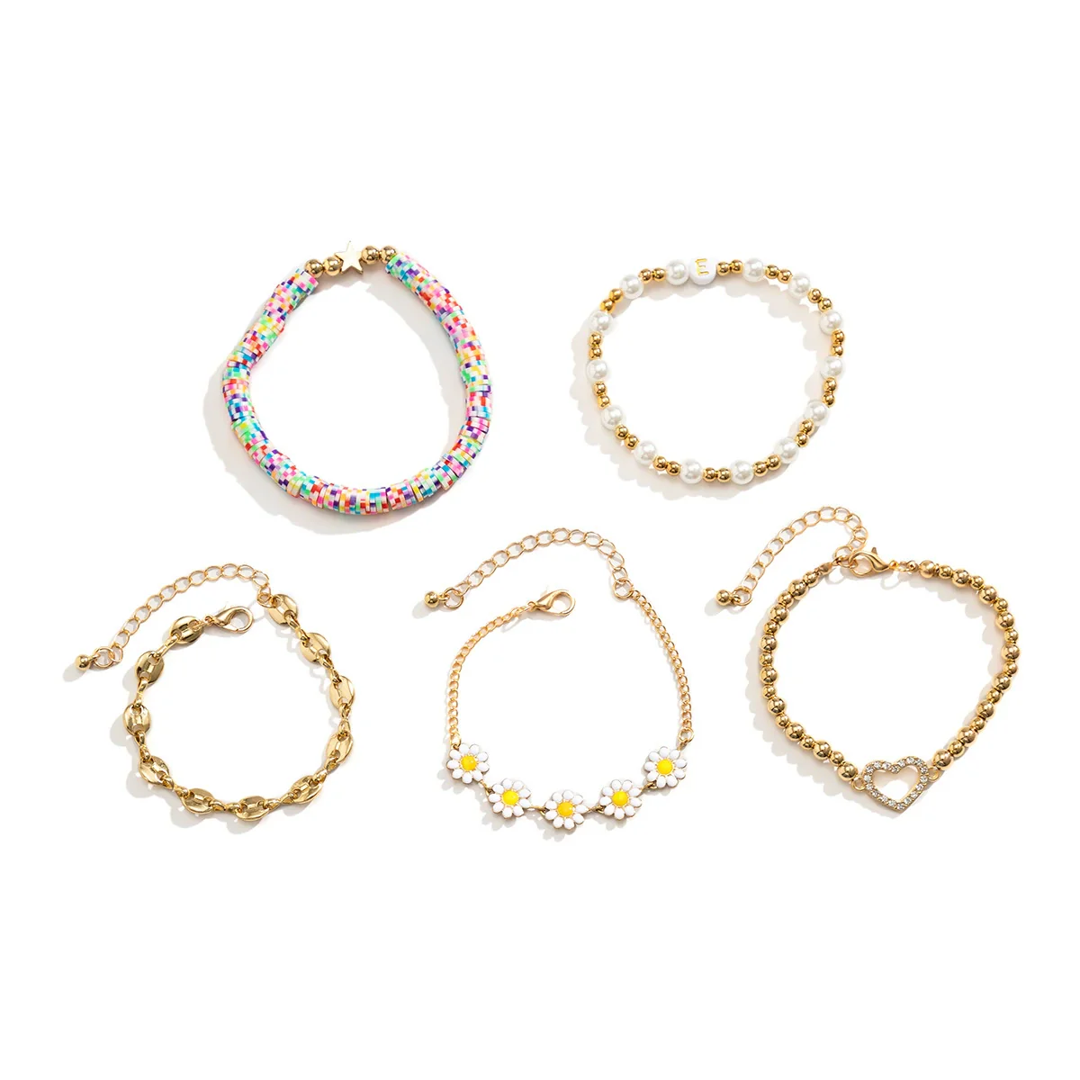 Jewelry Soft Pottery Imitation Pearl Ccb Alloy Rhinestone Dripping Oil Geometric Hip Hop Style Round Bead Chain Bracelet With Pig Nose Buckle Electroplated - Image 5