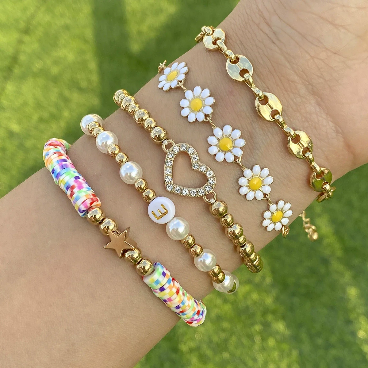 Jewelry Soft Pottery Imitation Pearl Ccb Alloy Rhinestone Dripping Oil Geometric Hip Hop Style Round Bead Chain Bracelet With Pig Nose Buckle Electroplated - Image 6