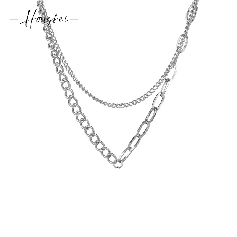 Jewelry Stainless Steel And Titanium Steel Splicing Geometric Doublelayer Sweater Chain Necklace Polish Style For Women