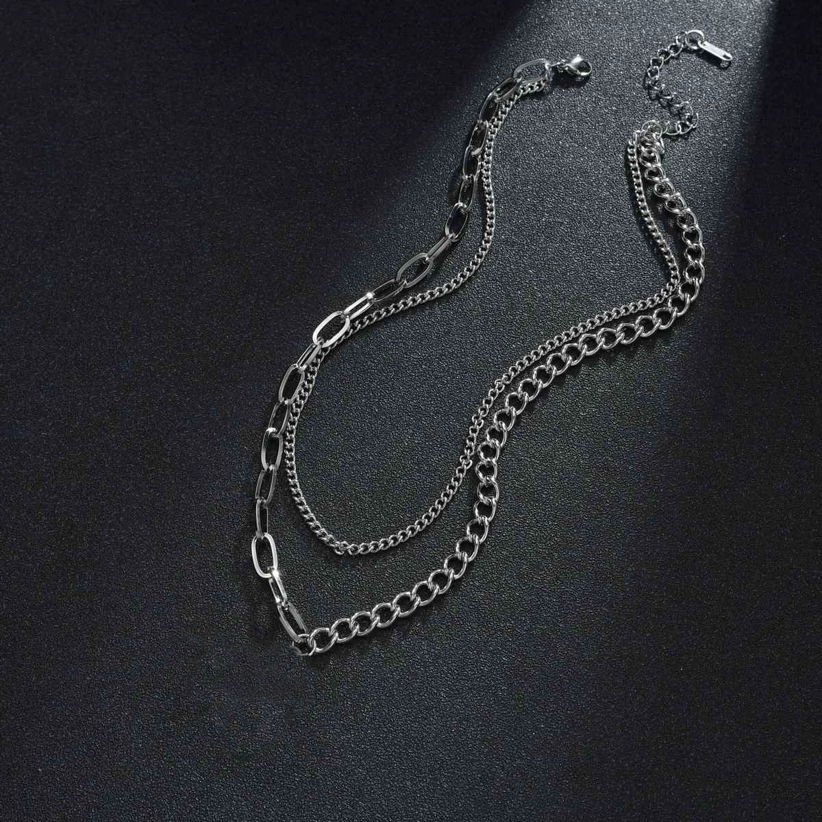 Jewelry Stainless Steel And Titanium Steel Splicing Geometric Doublelayer Sweater Chain Necklace Polish Style For Women - Image 4