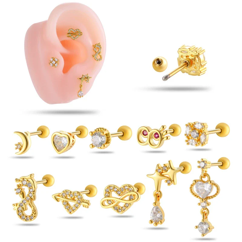 Jewelry Stainless Steel Copper Inlaid Zircon Heart Shaped Electroplated Women's Ear Bone Nail