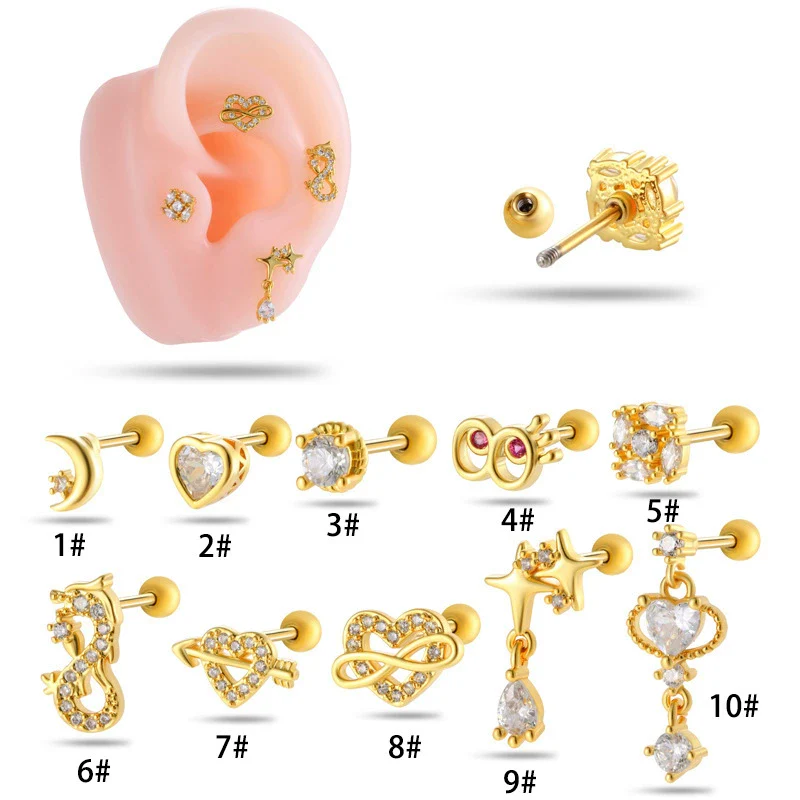 Jewelry Stainless Steel Copper Inlaid Zircon Heart Shaped Electroplated Women's Ear Bone Nail - Image 2