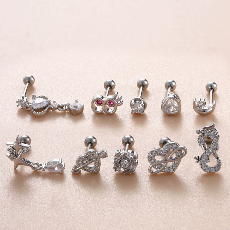 Jewelry Stainless Steel Copper Inlaid Zircon Heart Shaped Electroplated Women's Ear Bone Nail - Image 3