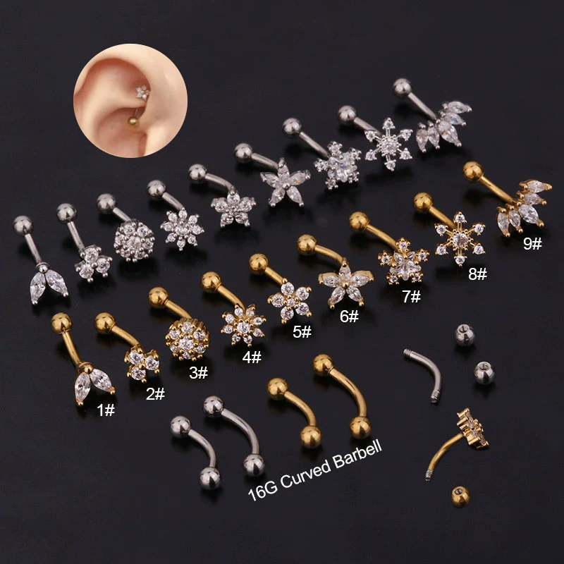 Jewelry Stainless Steel Curved Rod Snail Earring With Zircon And Flower Design
