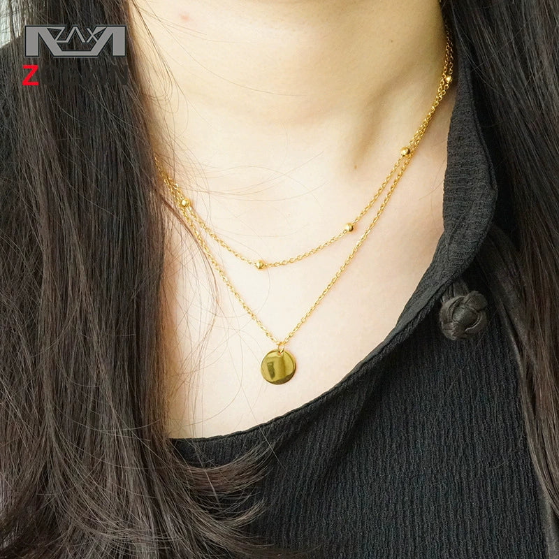 Jewelry 316L Stainless Steel Double Layer Stacked Clavicle Chain With Round Pendant And Round Bead For Women Electroplated Geometric Style