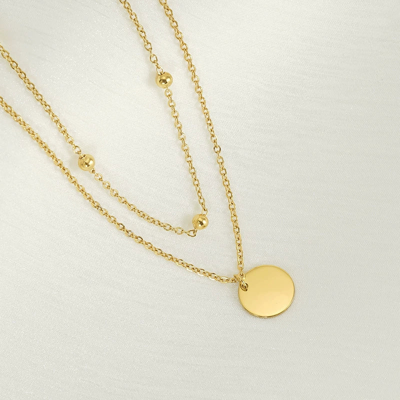 Jewelry 316L Stainless Steel Double Layer Stacked Clavicle Chain With Round Pendant And Round Bead For Women Electroplated Geometric Style - Image 2