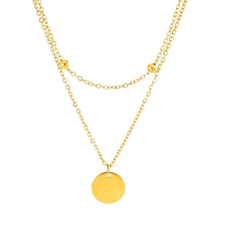 Jewelry 316L Stainless Steel Double Layer Stacked Clavicle Chain With Round Pendant And Round Bead For Women Electroplated Geometric Style - Image 5
