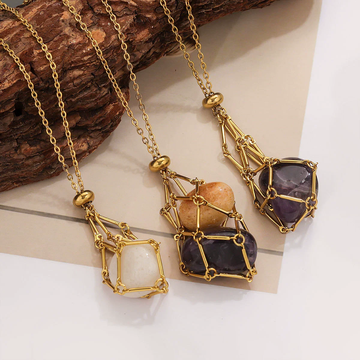 Jewelry Stainless Steel Geometric Net Bag Woven Pendant With Natural Crystal Accessories Electroplated - Image 3