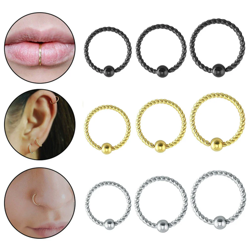 Jewelry Stainless Steel Geometric Threaded Ball Nose Ring Open Ear Ring Universal Hoop Earrings Piercing Electroplated Unisex