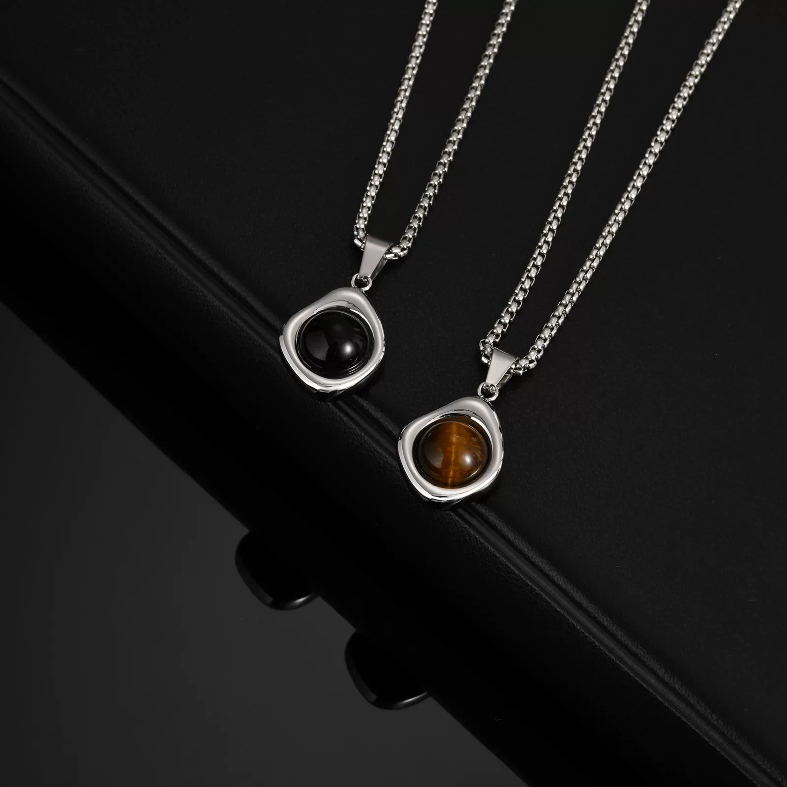 Jewelry Stainless Steel Natural Tiger Eye Stone Agate Stone Geometric Pendant Necklace - Image 2